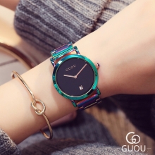 古欧GUOU炫彩钢带手表时尚彩色钢带女款手表简约欧美范钢带女表