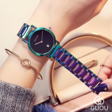 古欧GUOU炫彩钢带手表时尚彩色钢带女款手表简约欧美范钢带女表